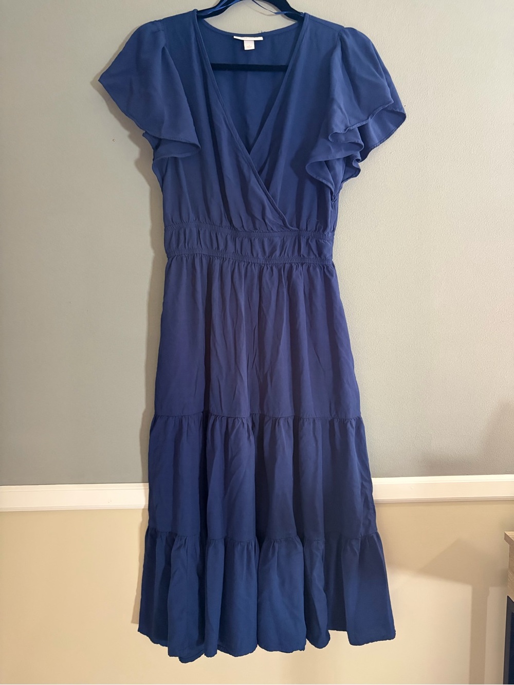 Knox Rose Maxi Dress Navy Blue V-Neck Tiered Flutter Sleeve Pockets Boho Teacher